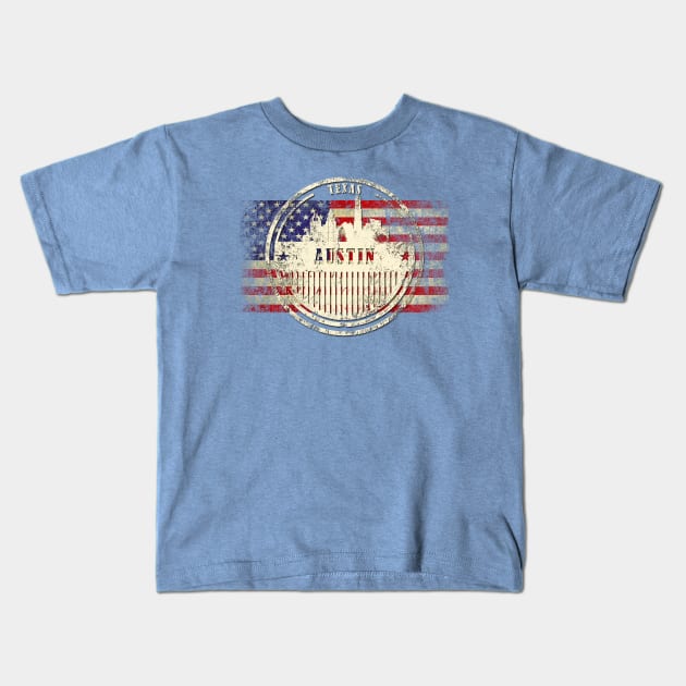 US flag with silhouette Austin City Kids T-Shirt by DimDom